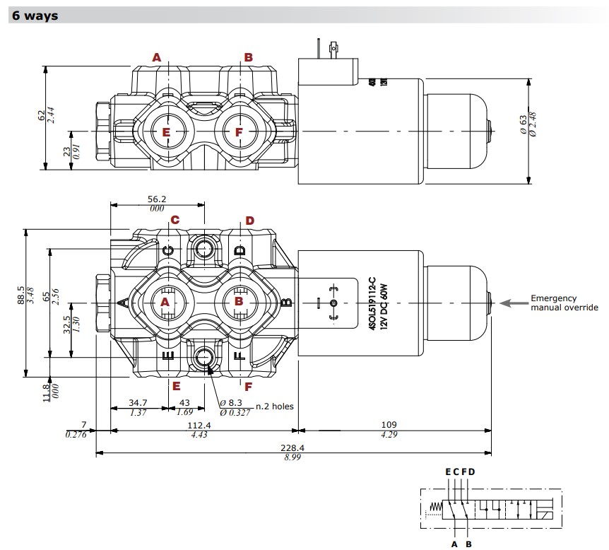 Walvoil, 12V DC, 6 Ways, 1/2 BSP, Open Centre, Galvanized Solenoid Diverter Valve, DFE102/6A18ES-W202-12VDC-CRZ